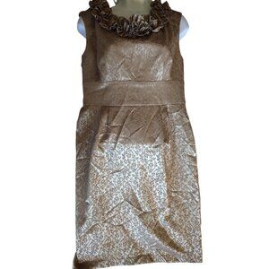 London Times Size 10 Woman Cocktail Dress Knee Length Gold Ruffled Neck